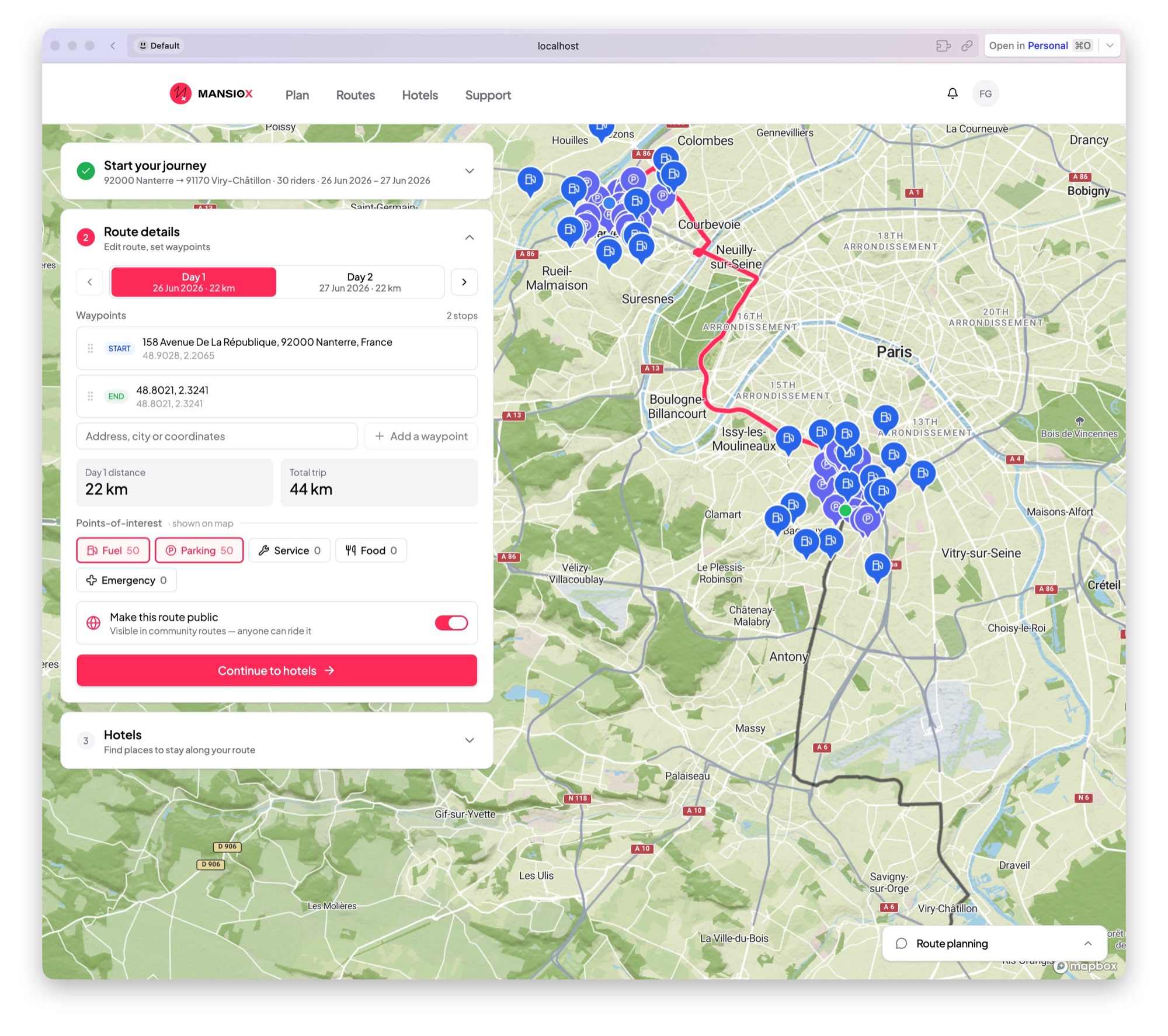 Route planning screen