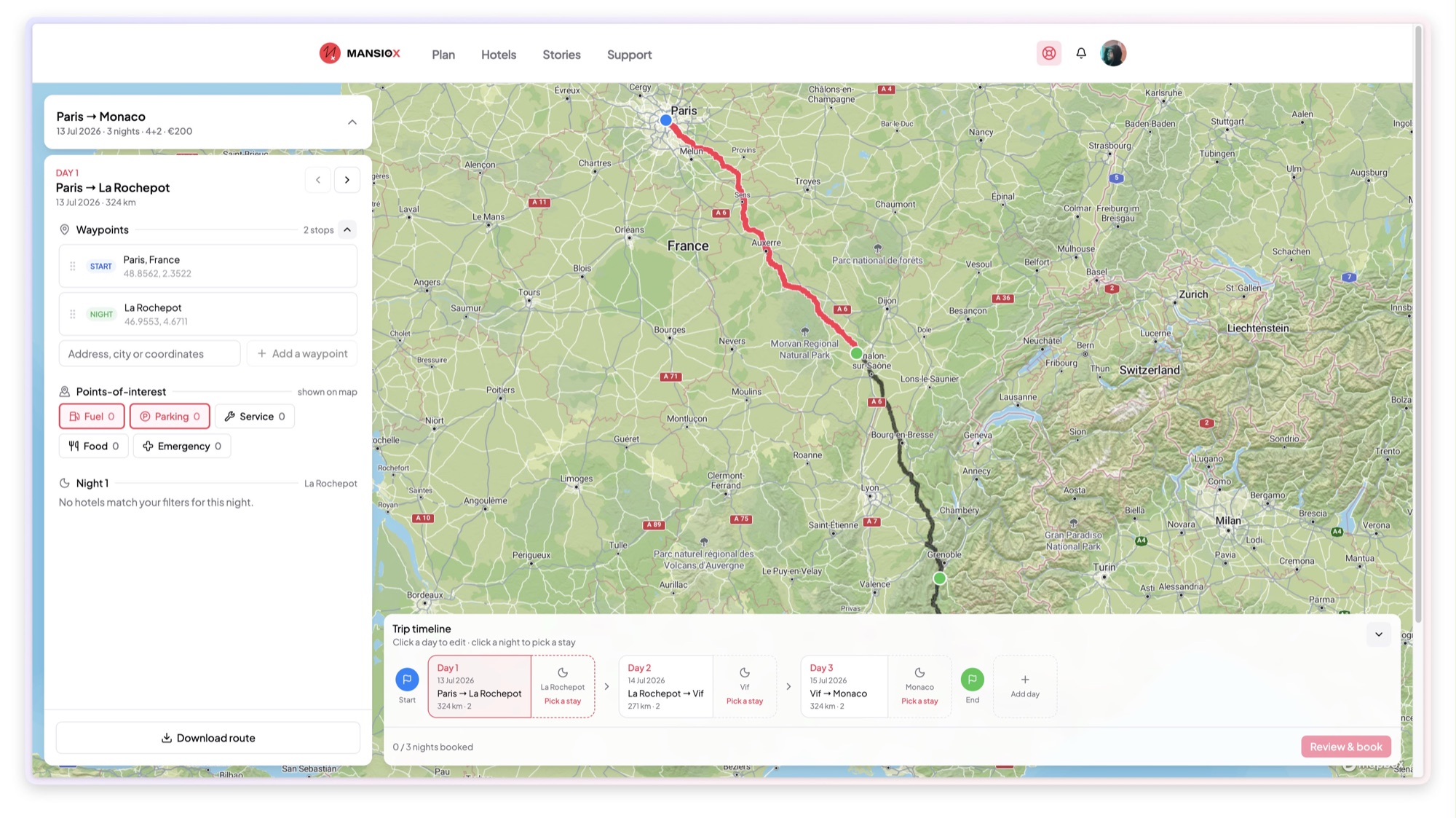 Mansio X route planner — Paris to Monaco with trip timeline